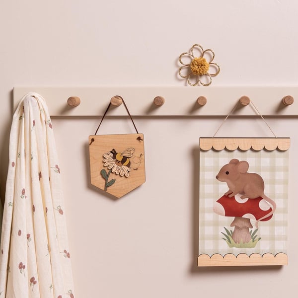 Kids bedroom peg rail coat rack, Light Clay, Wooden peg rail.