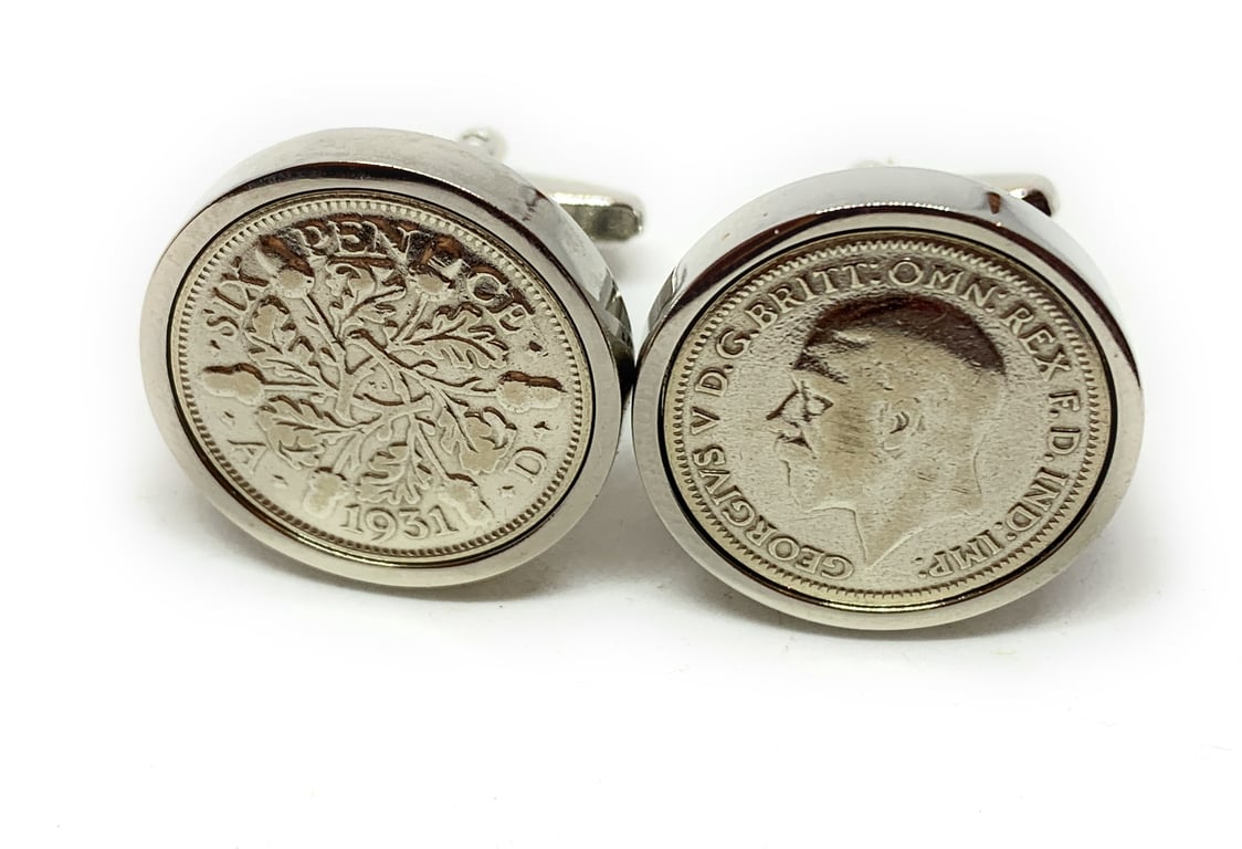 1931 Sixpence Cufflinks 95tj birthday. Original sixpence coins HT