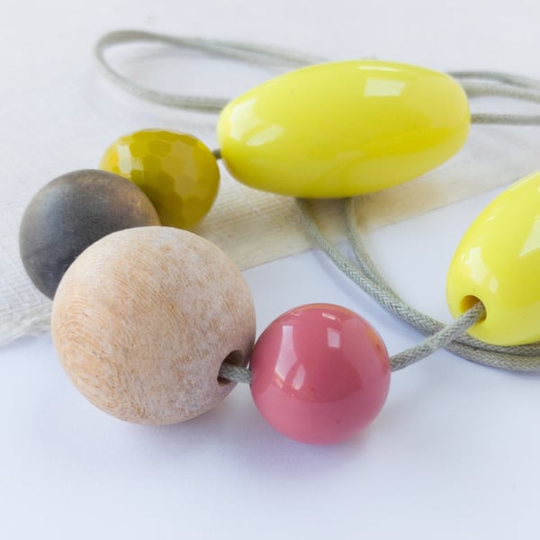 Lilly - Large bright yellow beads with rose pink, mustard, grey and natural