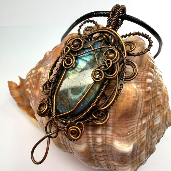 Love Tokens: Copper Wire Wrapped Labradorite Pendant On Waxed Cord Necklace