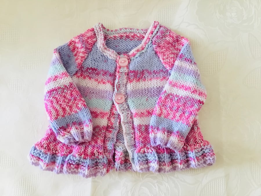 Hand Knitted Baby girls pleated cardigan in lilac yarn 6 Months approx 21” Chest