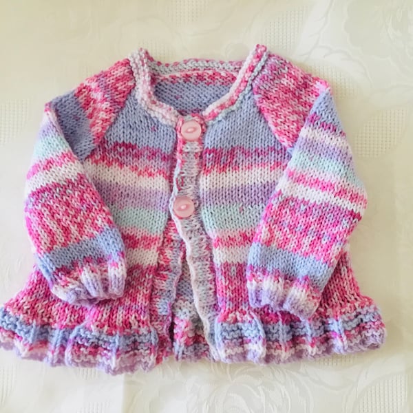 Hand Knitted Baby girls pleated cardigan in lilac yarn 6 Months approx 21” Chest