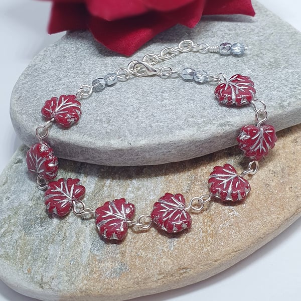 Deep red and silver Christmas maple leaf bracelet