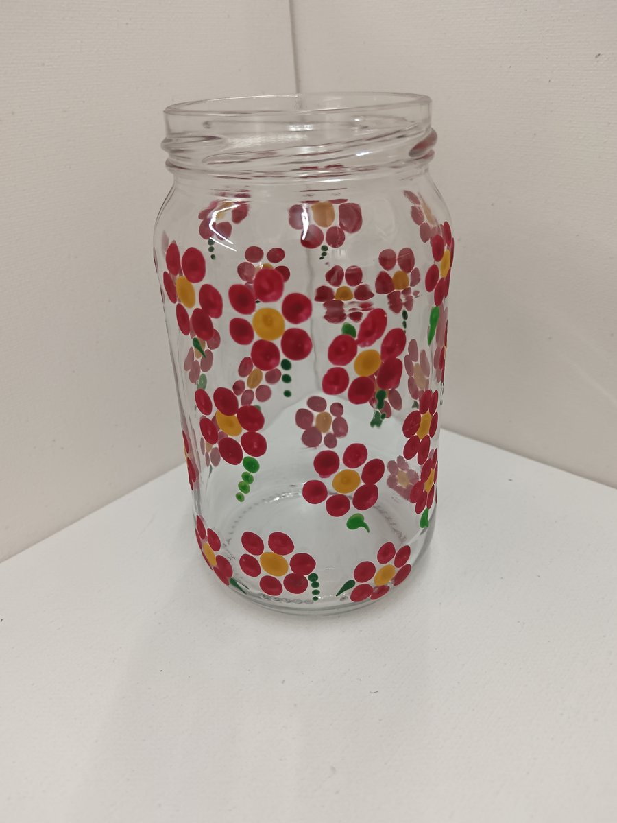 Hand-painted Glass Jar - Red Flowers