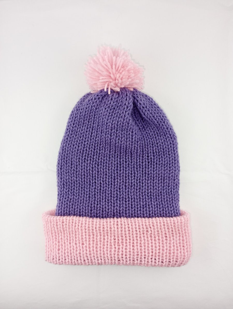 Ladies Bobble Hat - Double Layered Knitted Bobble Hat In Purple & Pink