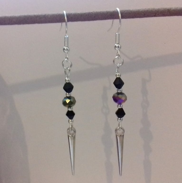 Black Ab Crystal Spike SIlver Plate Dangle Earrings