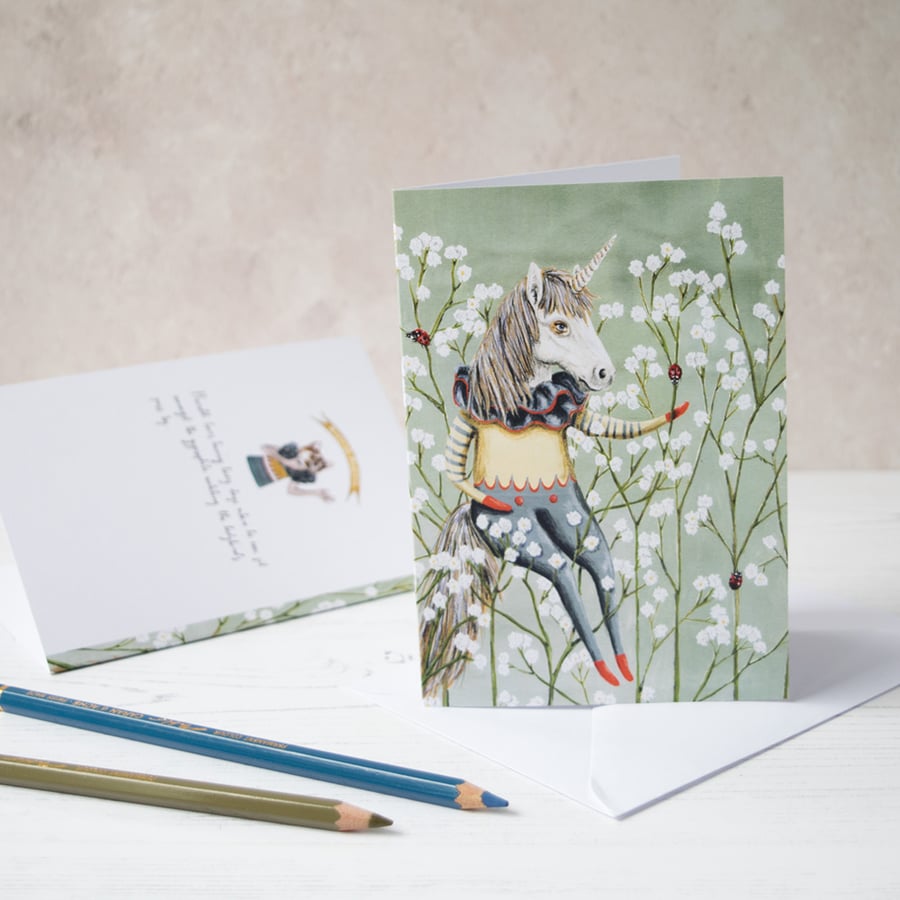 White unicorn blank note card. A6 with envelope. Perfect for a Birthday