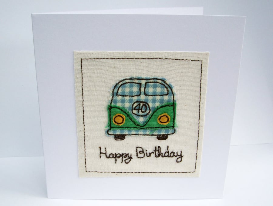 VW Camper Birthday Card - Machine Embroidered- Campervan, Camping, Birthday Card