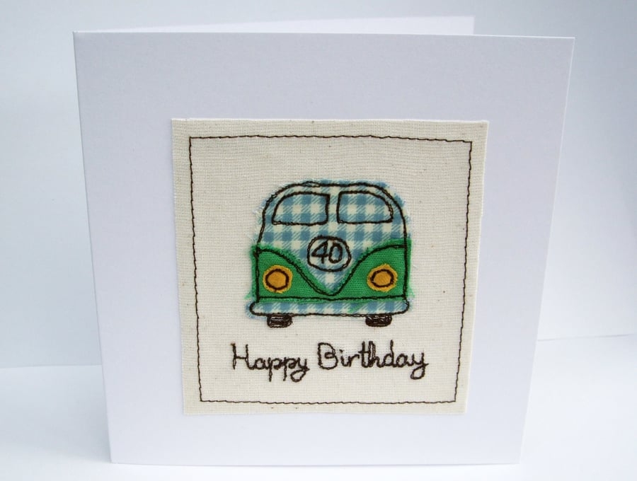 VW Camper Birthday Card - Machine Embroidered- Campervan, Camping, Birthday Card