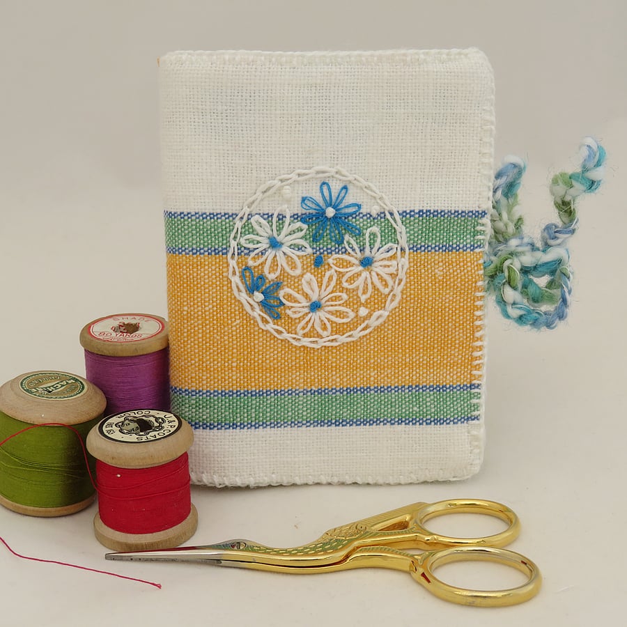 SALE Needle book from recycled linen - yellow,green and blue.