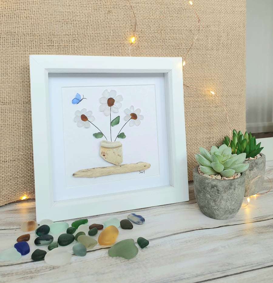 Seaglass, seapottery and driftwood framed art