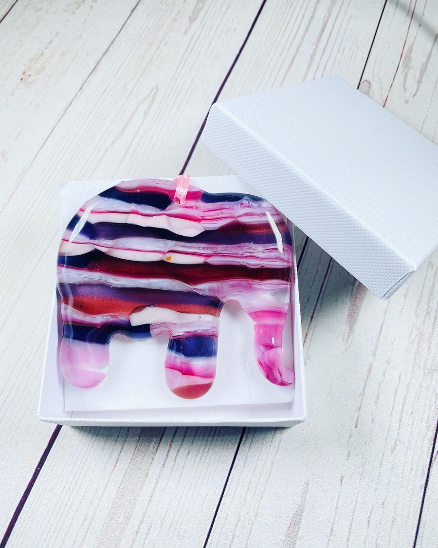 Stunning fused glass pink and purple  elephant - hanging decoration