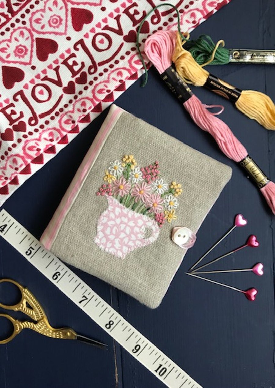 Hand embroidered needle case using Emma Bridgewater 'Sampler' fabric