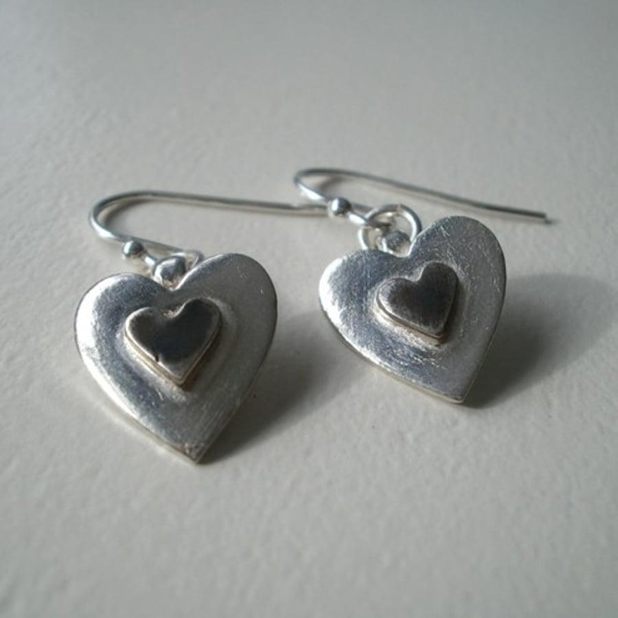 Silver Heart on Heart Earrings