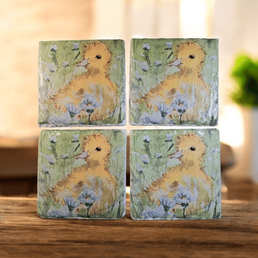 Yellow Ducklings Decoupaged Slate Coaster Set of 4