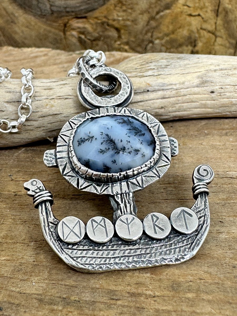 Viking Ship Pendant with Dendritic Opal 