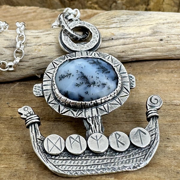 Viking Ship Pendant with Dendritic Opal 
