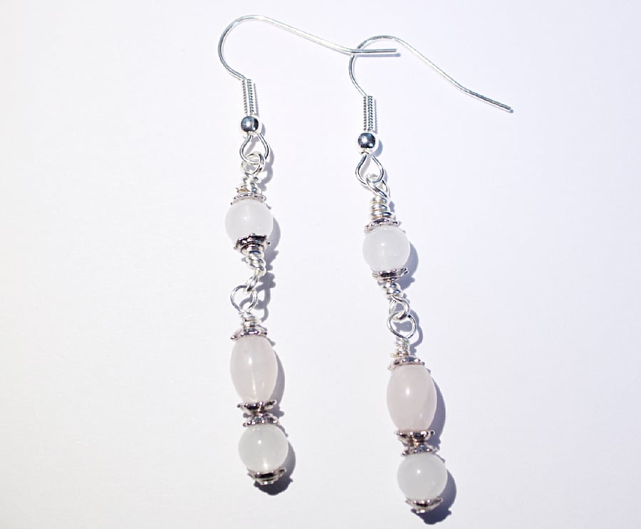 Pale pink rose quartz and silver dangle earrings