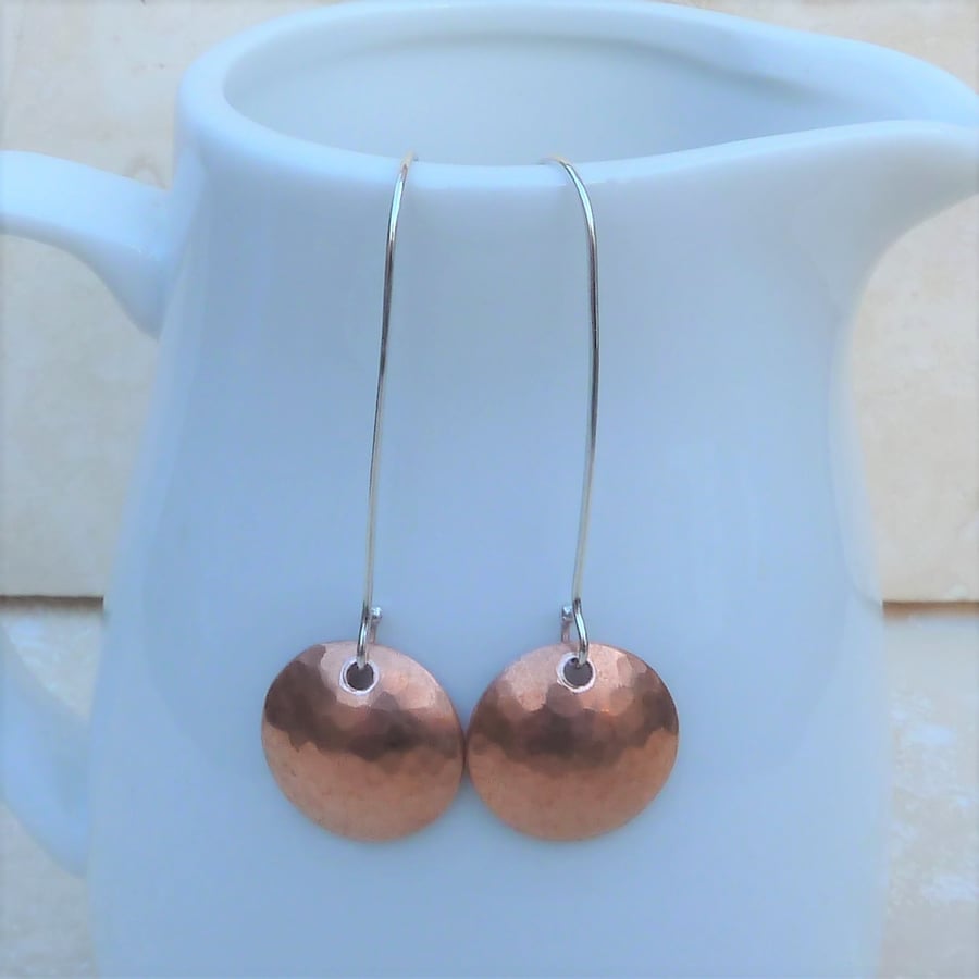 Long Hammered Copper Disc and Sterling Silver Earrings - MET025