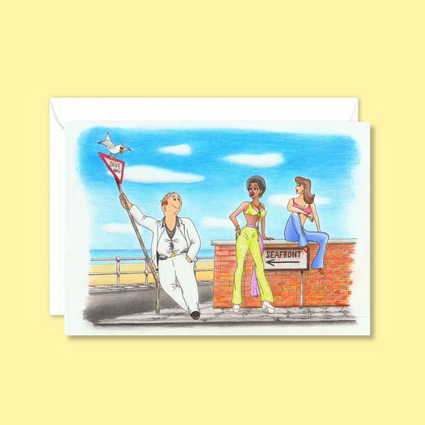 Seaside Postcard Greeting Card: Pencil Illustration with a Seventies Vibe (803)