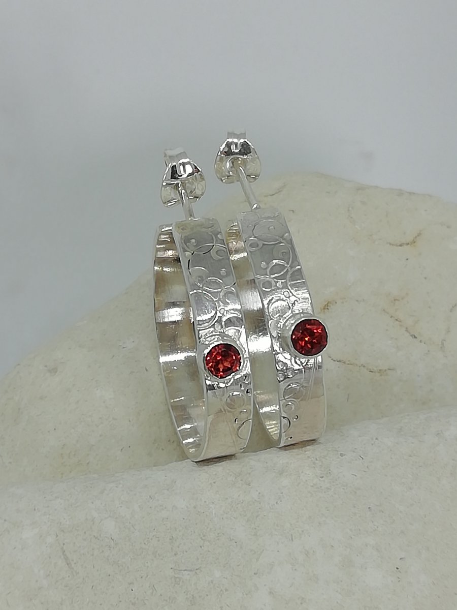 Textured Silver Hoops with Garnets