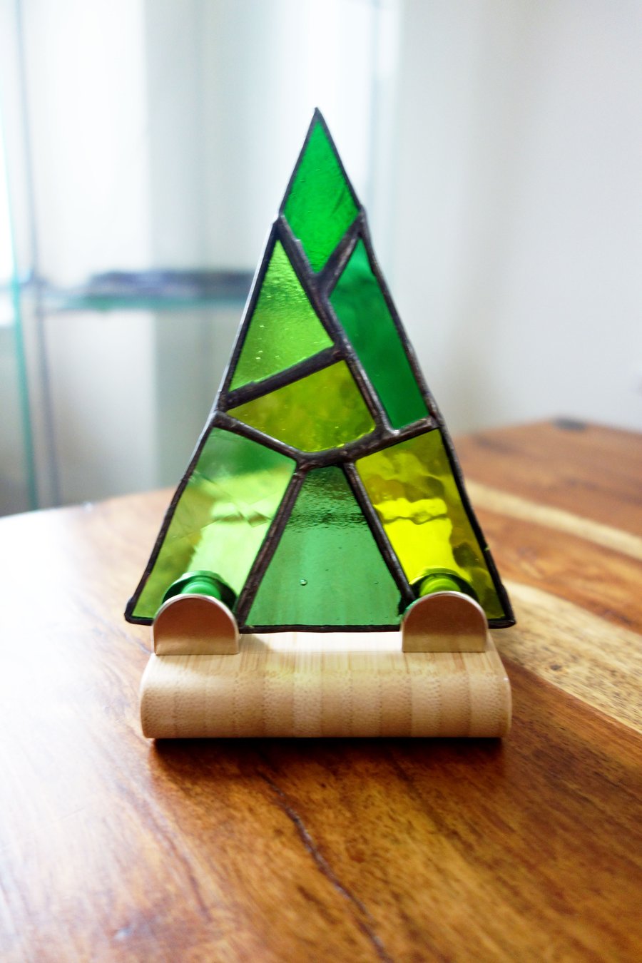 Art Deco style  Stained Glass Festive Trees on solid wood plinth - Plastic Free