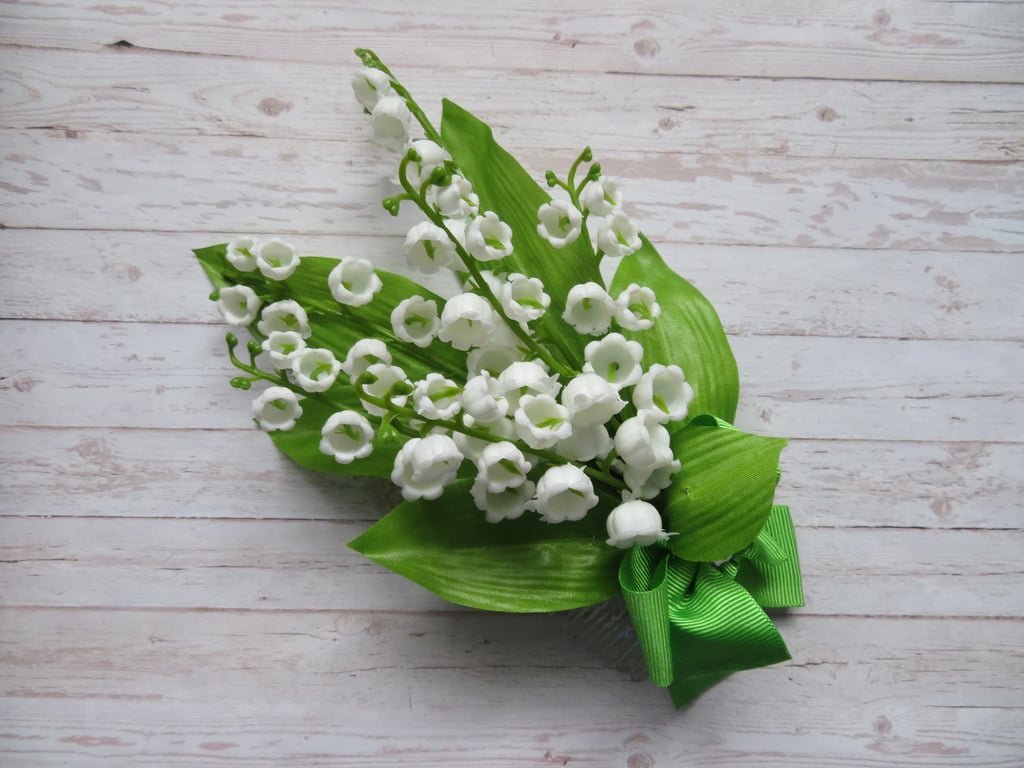 Lily Of the Valley Spray White and Apple Lime Green Leaf Ribbon Bow Hair Comb