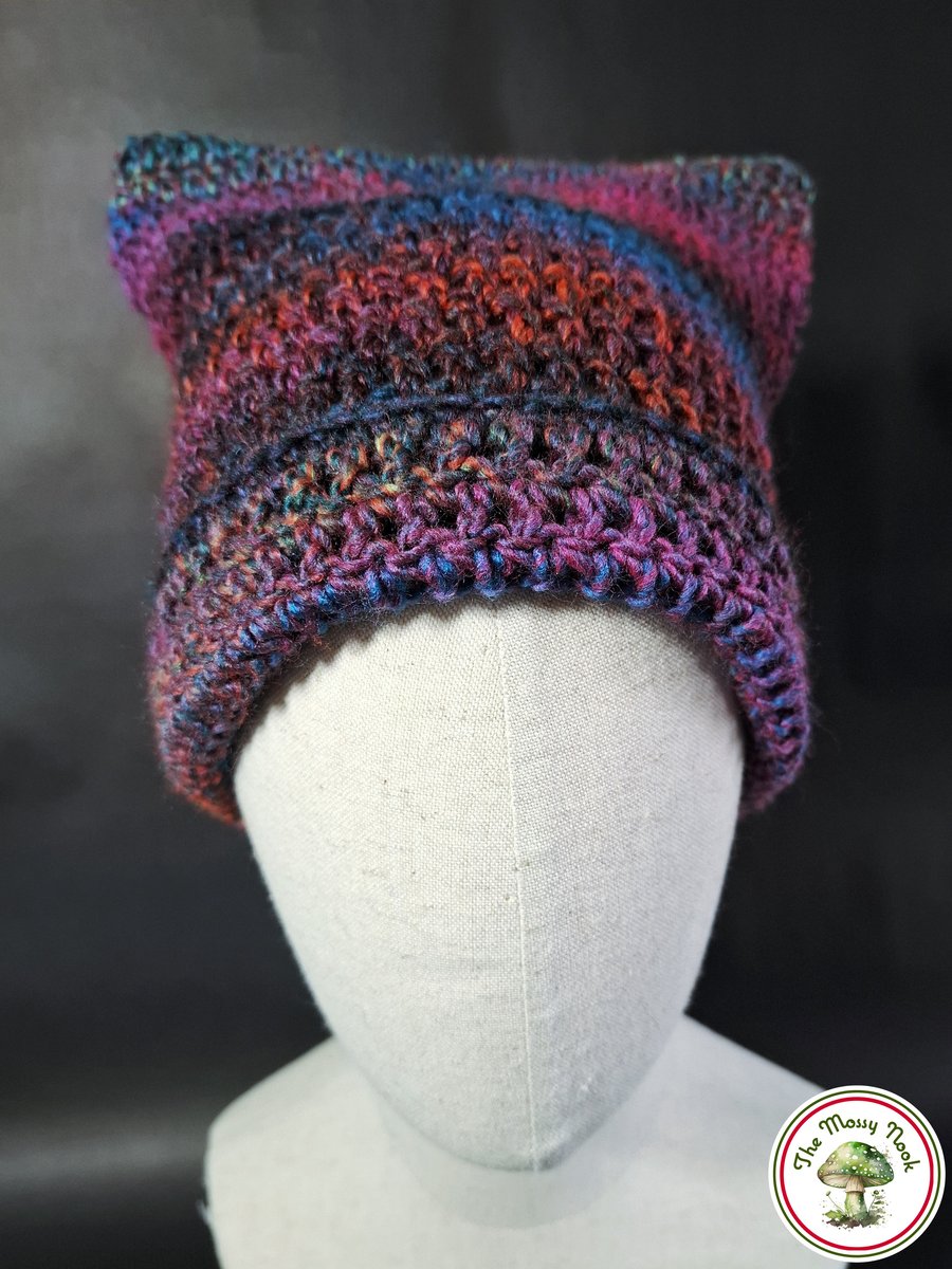 Cat Ear Beanie. Striped Crochet Kitty Ear Hat. Cosy and Soft. The Mossy Nook.