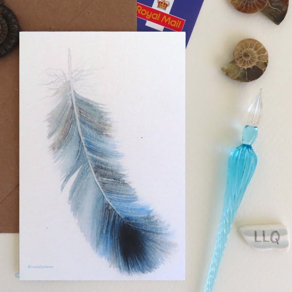 Grey blue feather watercolour study artist card notelet plastic free