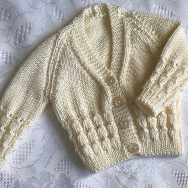 Hand Knitted Baby Cream  V - Neck  Cardigan 0 - 3 Months