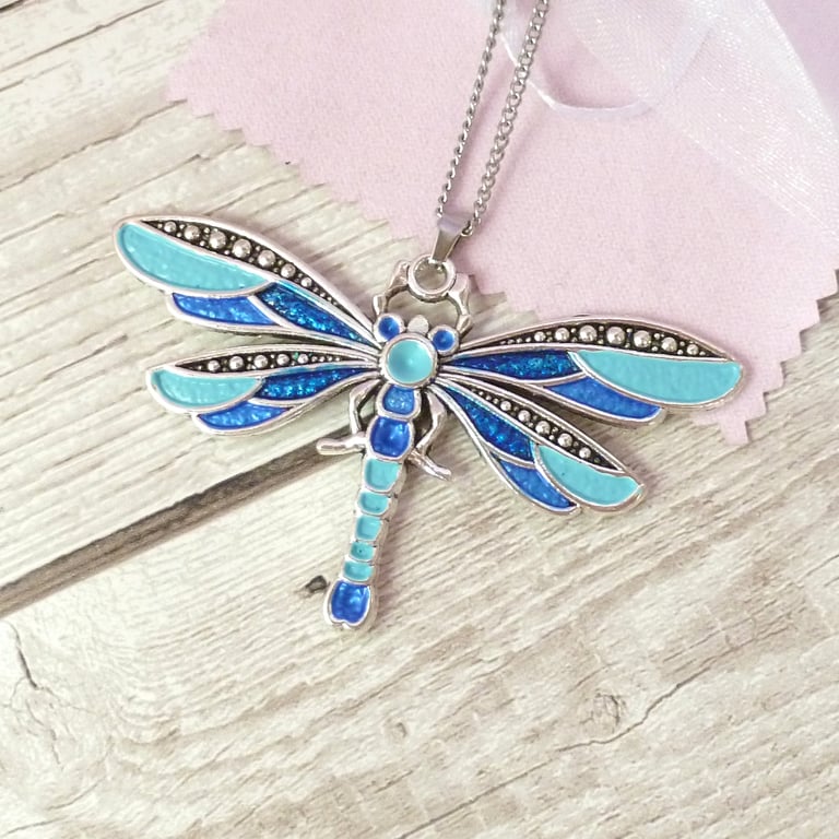 Blue dragonfly pendant, handpainted necklace in shades of blue enamel