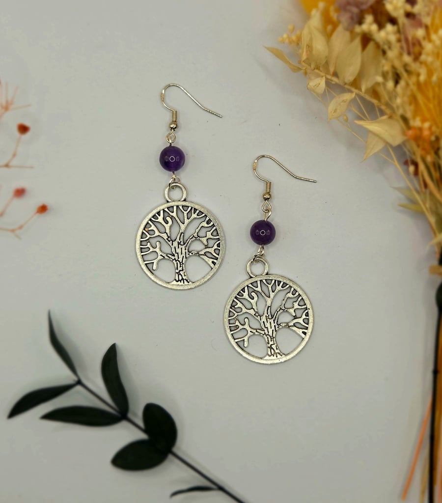 Handmade Large Tree of Life Charm Dangle Earrings with Polished Amethyst Beads