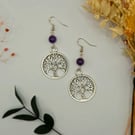 Handmade Large Tree of Life Charm Dangle Earrings with Polished Amethyst Beads