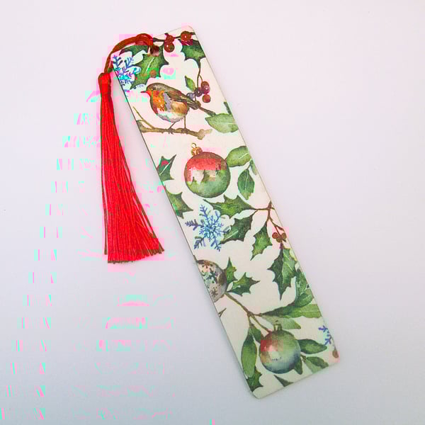 Robin and baubles Christmas wood decoupage bookmark with tassel