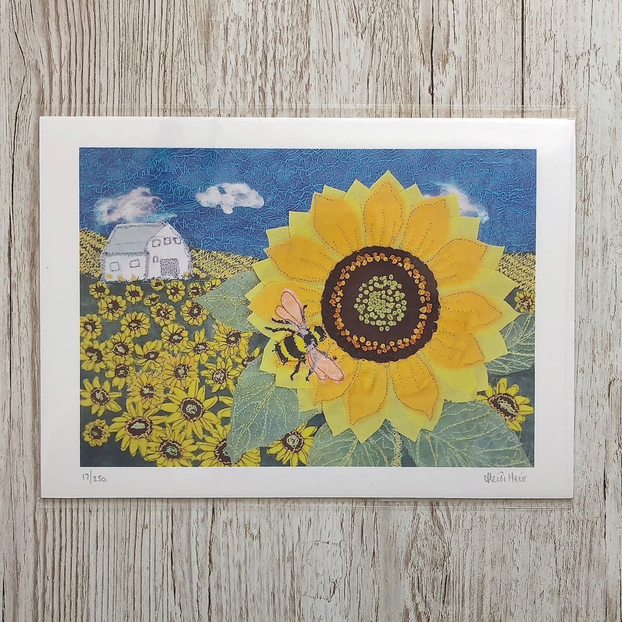 Sunflower and bumblebee limited edition giclee print A4 