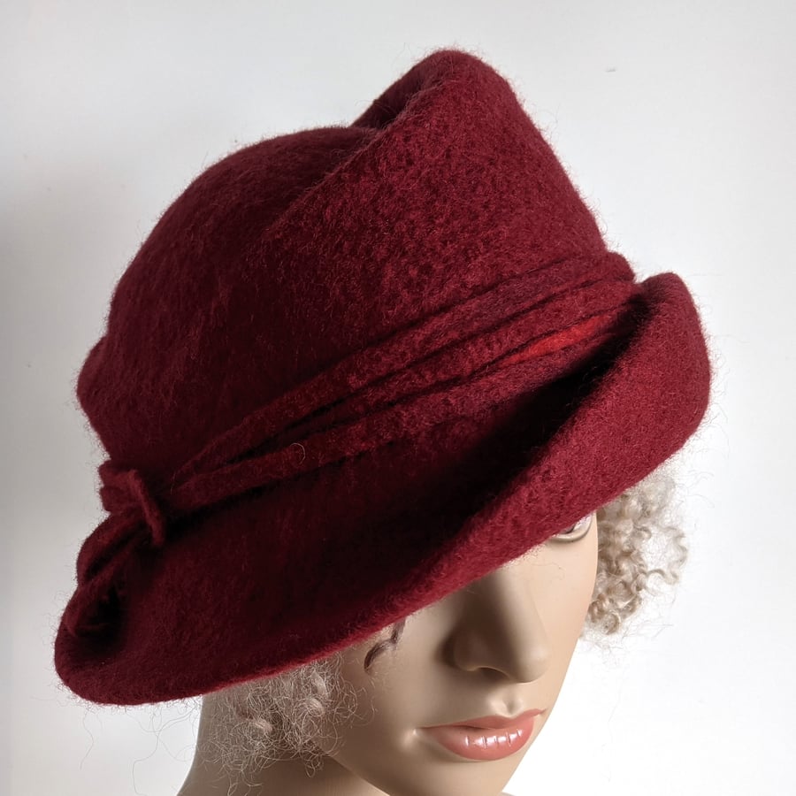 Ruby red asymmetrical felted wool hat