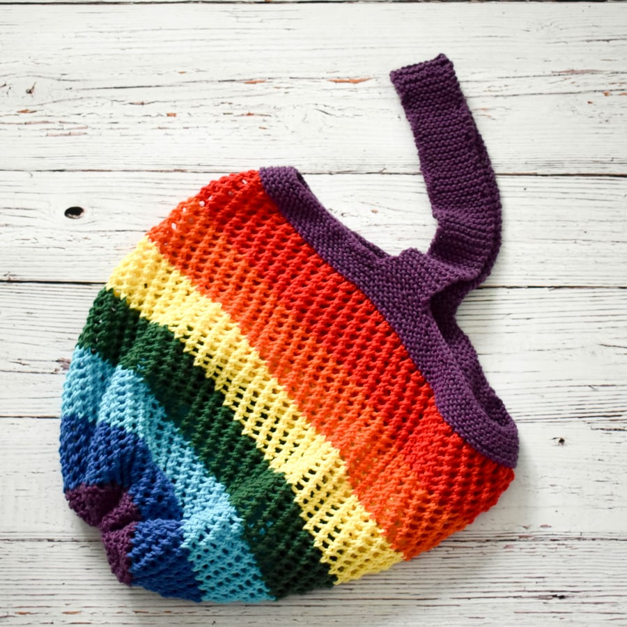 SOLD - Hand Knitted striped cotton shopping grocery bag - Rainbow