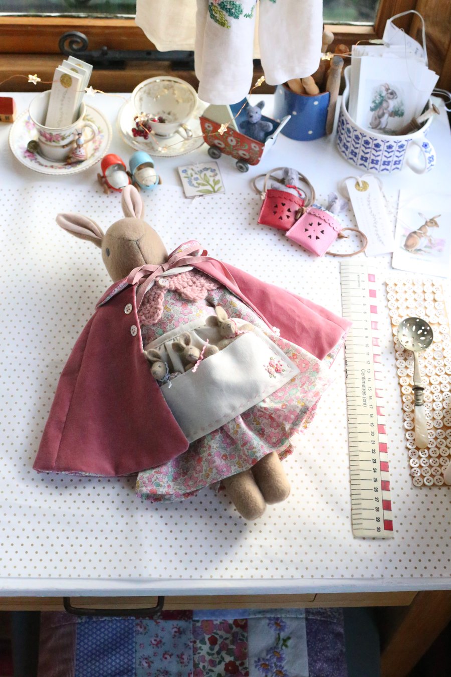 Heirloom Liberty bunny with pink velvet cape
