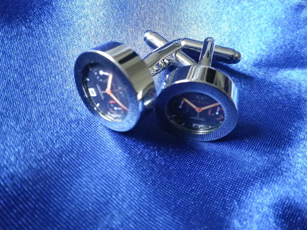 Retro vintage watch face digital image tan on black cufflinks, gift wrapped 1832