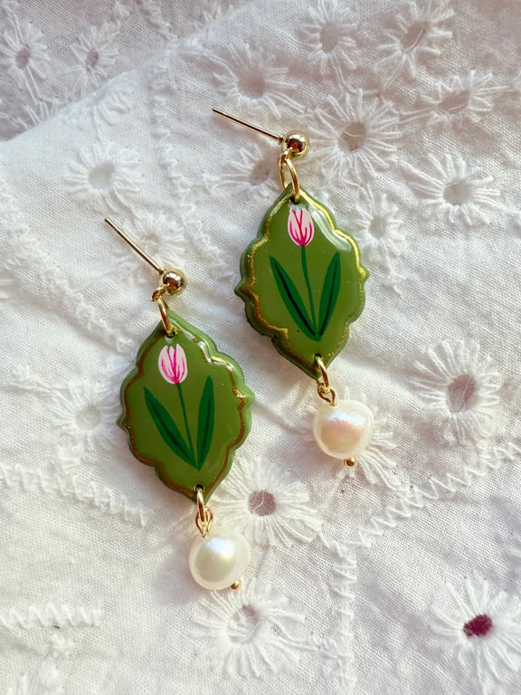Hand Painted Olive Green Pink Tulip Pearl Drop Earrings