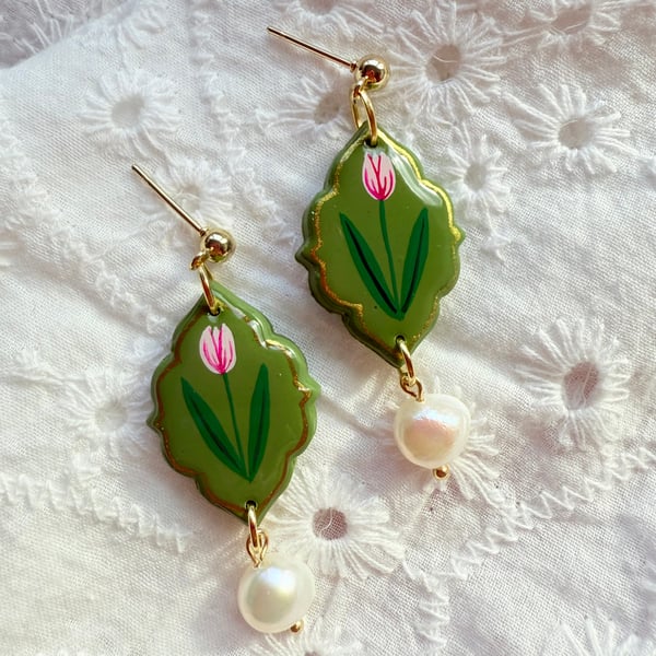 Hand Painted Olive Green Pink Tulip Pearl Drop Earrings