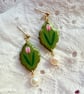 Hand Painted Olive Green Pink Tulip Pearl Drop Earrings