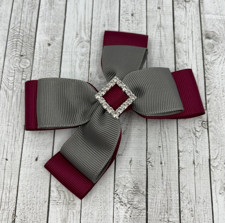 School Wine and Grey Double Layer Bow on Clip