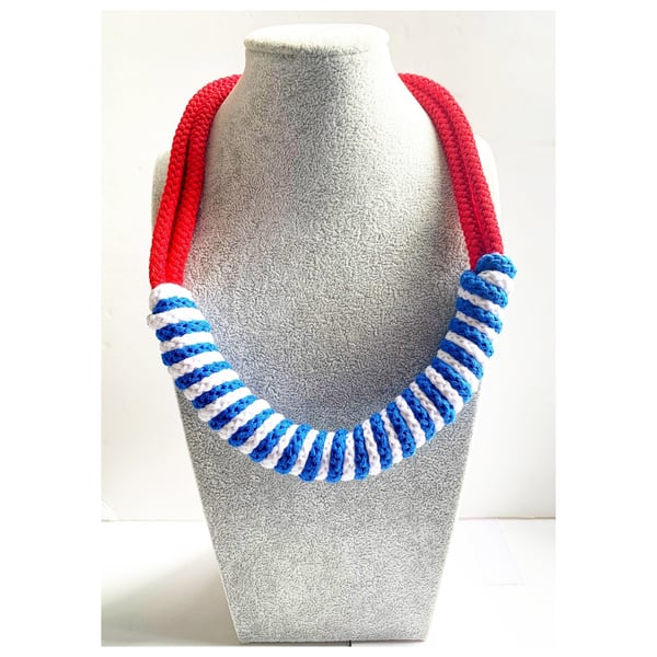 Blue Nautical Knotted Rope Statement Necklace, Chunky Statement crochet necklace