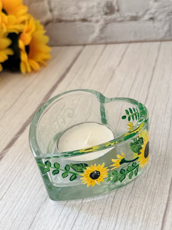 Keepsake Glass Heart Dish Hand Painted with Sunflowers 