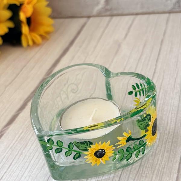 Keepsake Glass Heart Dish Hand Painted with Sunflowers 