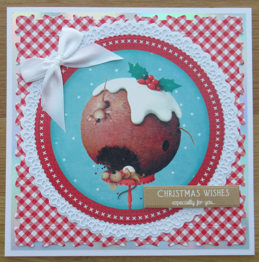 Two Mice Eating A Christmas Pudding - 7x7" Christmas Card