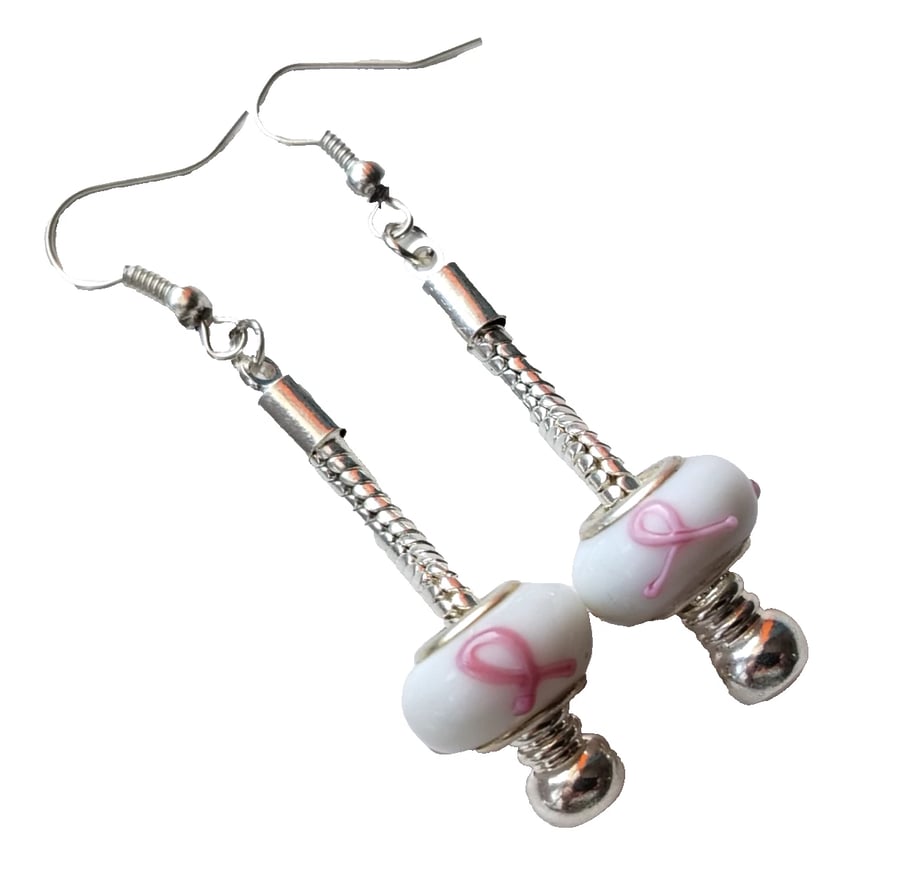 Breast Cancer Awareness Earrings Silver Plated Jewellery Gift White Pink Ribbon
