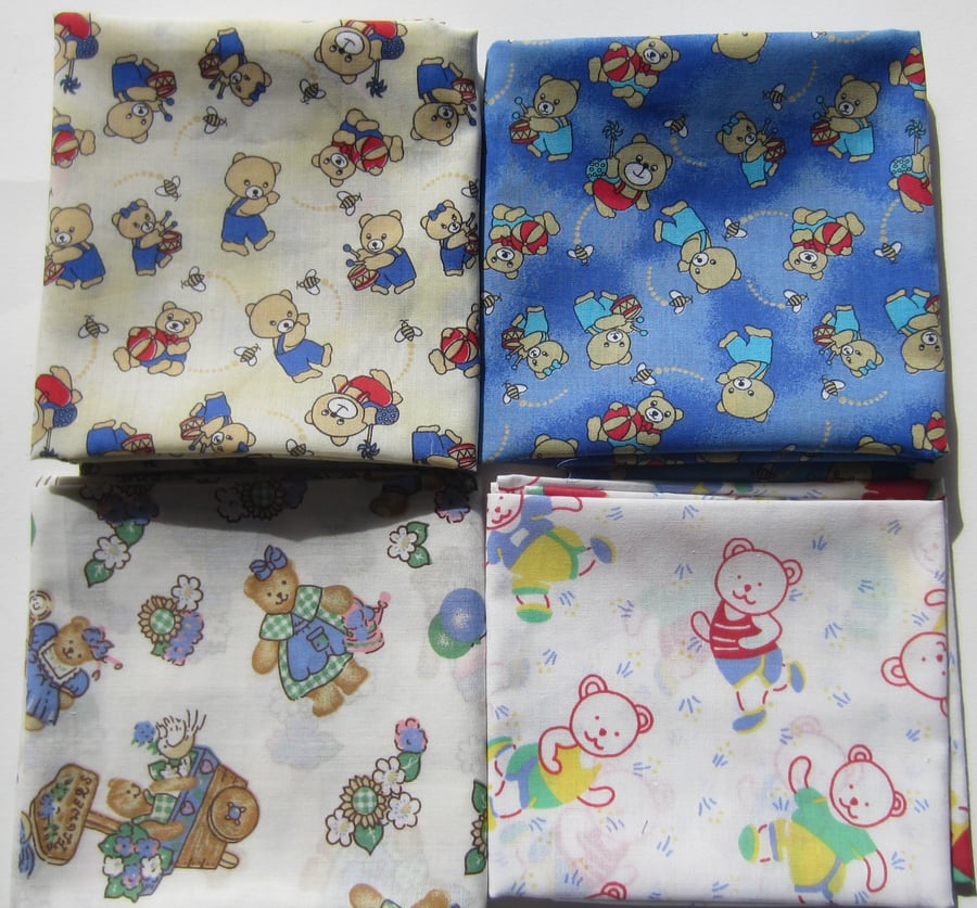 Bundle of 4 Teddy Bear Fabric Fat Quarters