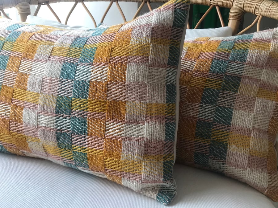 "Helmsley No.1" Jade-Nectar-Snowdrop. Contemporary handwoven oblong cushions